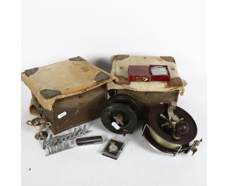 Alvey Australian fishing reel, and another, a lighter, Herald 1200 badges etc 