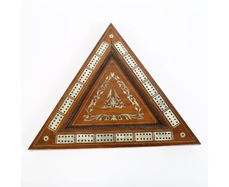 A Victorian rosewood and mother-of-pearl inlaid triangular cribbage board, the underside of board with covered compartment fo