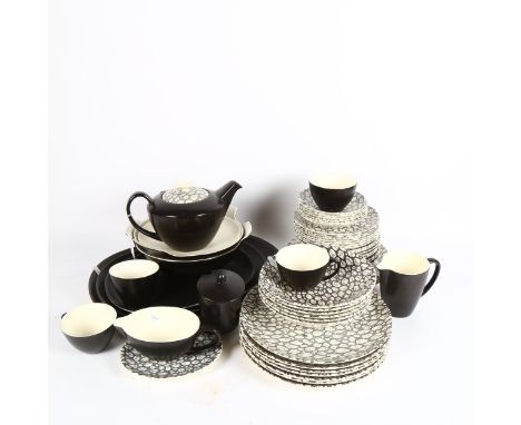 A Vintage Poole Pottery dinner and tea service, with black and white pebble design, including tureens and teapot 