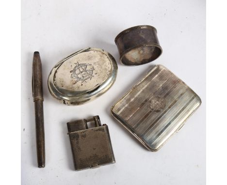 An engine turned silver cigarette case, silver tobacco box, napkin ring, a silver petrol lighter, and pen, 6.9 weighable ounc