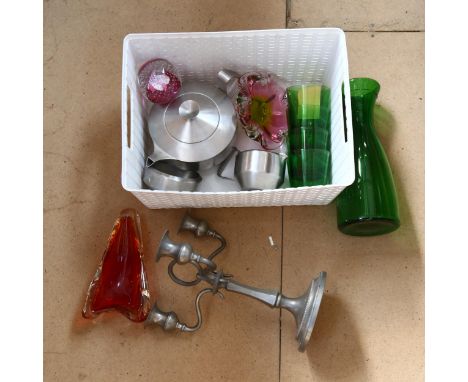 A candelabrum, Art glass dish, paperweight etc 