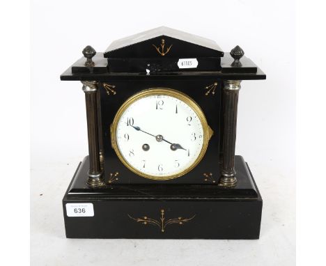An early 20th century French black slate-cased architectural 8-day mantel clock, by Japy & Co, with pendulum, height 29cm 
