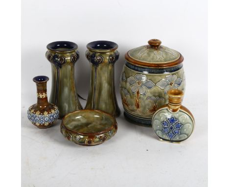 A group of Royal Doulton items, including a pair of Art Nouveau vases, 13cm, Doulton Lambeth miniature flask etc 