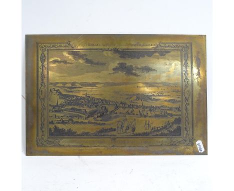 2 tea trays, a silver plated tray, length 49cm, and 4 brass plate engravings, view of Edinburgh