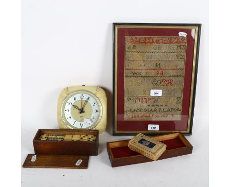 A Vintage cribbage box, and a packet of Crown playing cards, a cased set of Vintage dominos, and a Smith's Sectric electric w