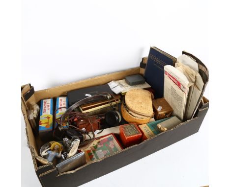 Vintage games, a pocket watch, pin doll, coins, drawing set, stereo viewer, art study, cards etc 