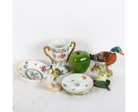 Various ceramic items, including Meissen plate, Spode dish, and 2 West German Goebel bird figurines 
