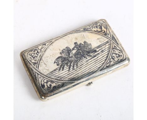 A 19th century Imperial Russian silver and niello rectangular cigarette case, with engraved Troika decoration, length 10.5cm 