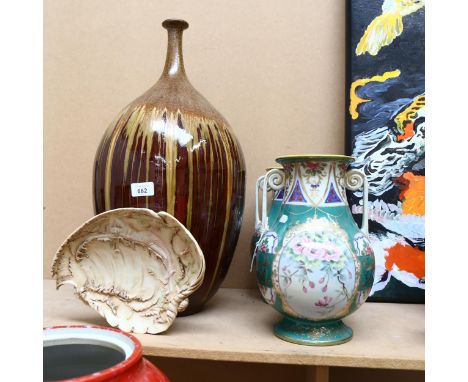 A pair of Oriental vases with floral decoration, 28cm, a large bottle vase, and an Art Nouveau style dish 