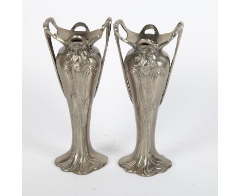 A pair of Art Nouveau aluminium vases, height 20cm 