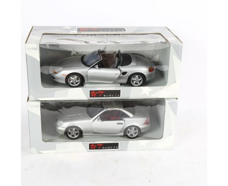 UT Diecast Model Cars, Silver Mercedes SLK AMG 230, and Silver Boxster Porsche cabriolet, 1:18 scale models 