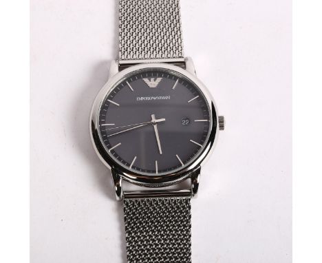 EMPORIO ARMANI - a stainless steel quartz bracelet watch, ref. AR-110069, black and grey dial with steel baton hour markers, 