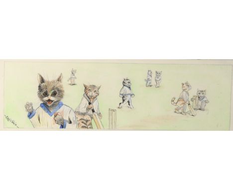 Manner of Louis Wain, ink and watercolour, anthropomorphic study of cats playing cricket, signed, framed, overall 54cm x 95cm