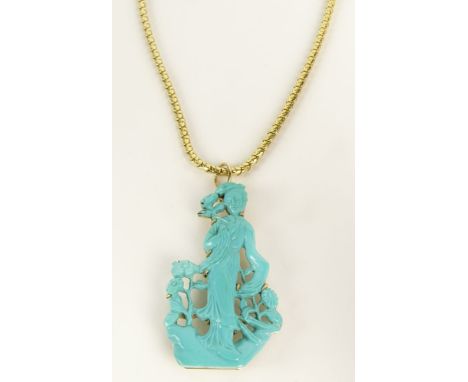 Vintage 18 Karat Yellow Gold Snake Link Chain with Carved Turquoise and 14 Karat Yellow Gold Pendant depicting Guanyin. Chain