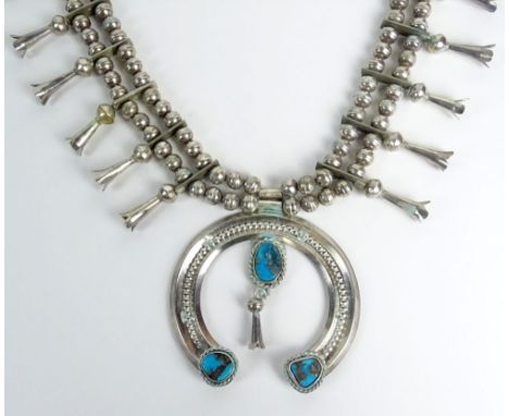 Vintage Navajo Sterling Silver and Turquoise Squash Blossom Necklace. Signed GD (Gilbert Damon). Good Condition. Measures 26-