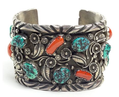 Vintage Old Pawn Navajo Heavy Sterling Silver, Turquoise and Coral Cuff Bracelet. Unsigned. Good Condition. Measures 2 Inches