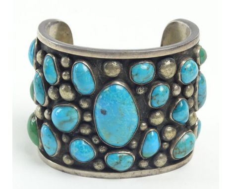 Vintage Old Pawn Probably Navajo Sterling Silver and Turquoise Cuff Bracelet. Signed Sterling. Good Condition. Measures 2-1/4