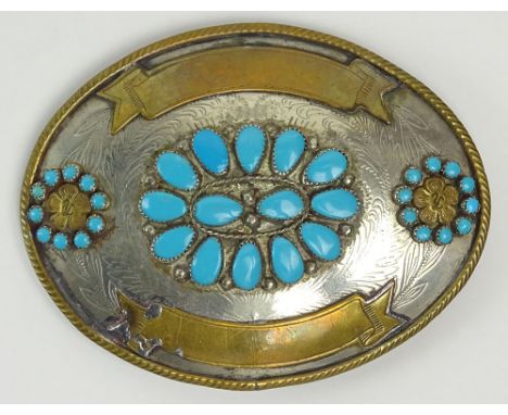 Vintage Tony Samra German Silver, Copper and Turquoise Belt Buckle. Signed. A couple of drops of lead solder Otherwise Good C