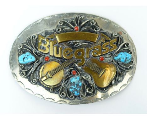 Large Vintage Silver, Copper, Turquoise and Coral Belt Buckle "Bluegrass". Unsigned. Good Condition. Measures 4-1/8 Inches Ta