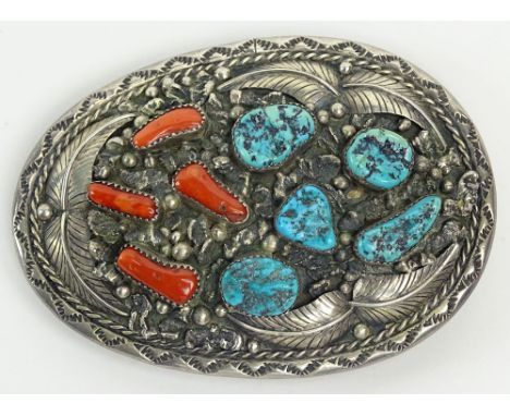 Vintage Native American Indian Sterling Silver, Turquoise and Coral Belt Buckle. Signed Steven B. Good Condition. Measures 2-