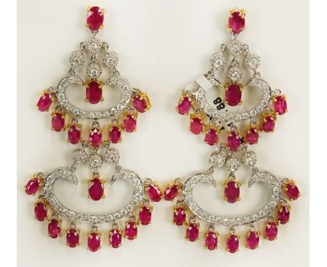 Pair of Lady's approx. 12.88 Carat Ruby, 1.92 Carat Diamond and 14 Karat Yellow and White Gold Chandelier Earrings. Rubies wi