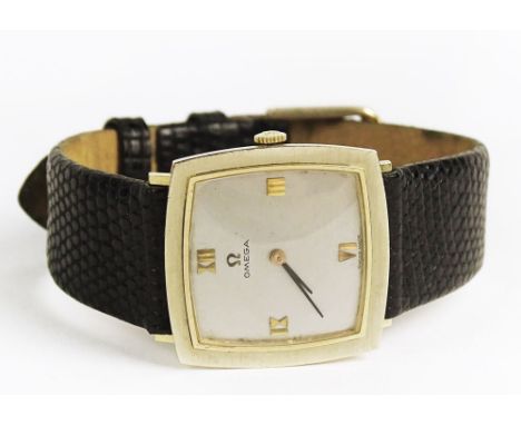 Vintage 14 Karat Gold Omega Watch With Leather Strap. Circa Mid 1960's. 17 Jeweled Manual Wind Calibre 620. Signed Omega, 14K