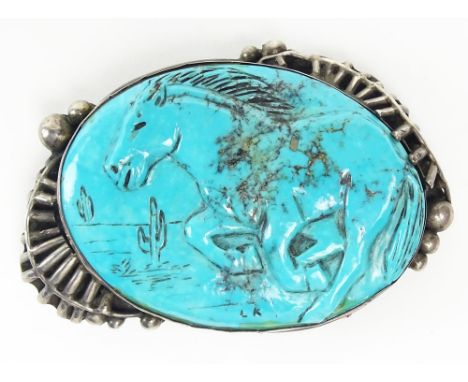Vintage Native American Indian Sterling Silver and large Carved Turquoise Belt Buckle. Turquoise Signed LK, Silver Signed Sav