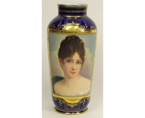 20th Century Royal Vienna Hand Painted Porcelain Portrait Vase. "Young Beauty" Decorated with Parcel Gilt Accents on Cobalt G