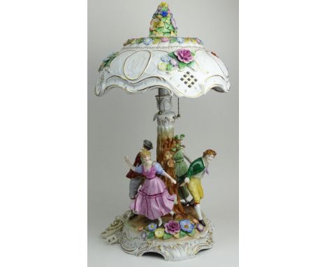 Vintage Dresden Hand Painted Porcelain Lamp "Ring Around The Rosie".  Lithophane Shade Decorated with Gold accents and Flower