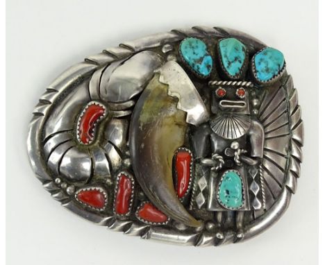 Vintage Old Pawn Navajo Sterling Silver, Turquoise, Coral and Bear Claw Belt Buckle. Signed Sterling and TM (Tom Morris). Goo