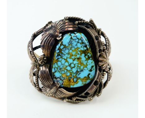 Vintage Old Pawn Navajo Sterling Silver and Turquoise Cuff Bracelet. Signed De Fer (?). Good Condition. Measures 2-1/2 Inches