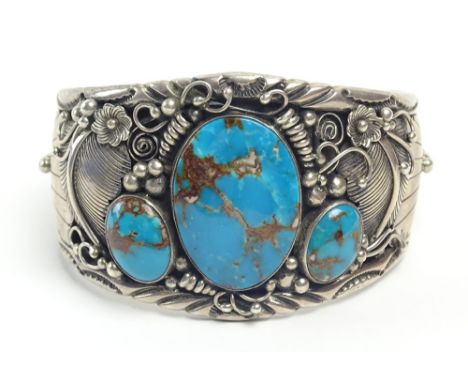 Vintage Probably Navajo R. Livingston Sterling Silver and Turquoise Cuff Bracelet. Signed. Good Condition. Measures 1-7/8 Inc