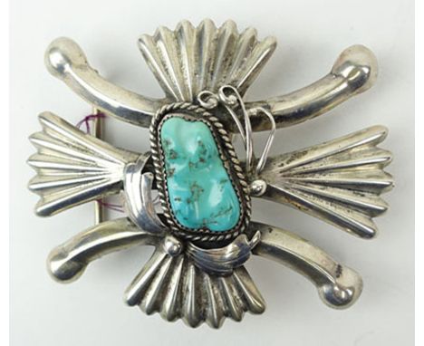 Vintage Native American Indian Sterling Silver and Turquoise Belt Buckle. Unsigned. Good Condition. Measures 2-3/4 Inches Tal