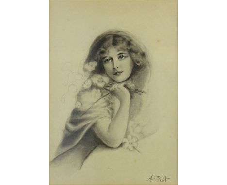 Etienne Adolph Piot, French (1850-1910) Pencil Drawing on Paper "Portrait of Woman With Flowers" Signed Lower Right A Piot. L
