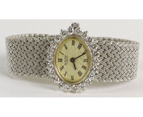 Lady's Vintage Bueche Girod approx. 2.50 Carat Round Cut Diamond and 18 Karat White Gold Mesh Bracelet Mechanical Movement Wa