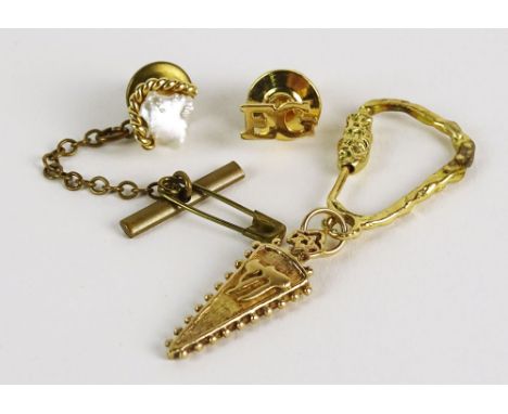 Vintage 14 Karat Yellow Gold Key Ring, Vintage 14 Karat Yellow Gold Tie Tack, "E G" and a 14 Karat Yellow Gold and Pearl Tie 