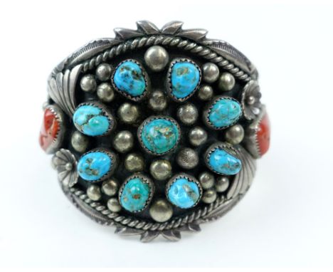 Vintage Old Pawn Probably Navajo Sterling Silver and Turquoise Cuff Bracelet. Unsigned. Good Condition. Measures 2-3/8 Inches