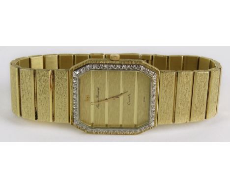 Man's Vintage Lucien Picard 14 Karat Yellow Gold Quartz Bracelet Watch with Bezel accented with small Diamonds. Signed 14K. G