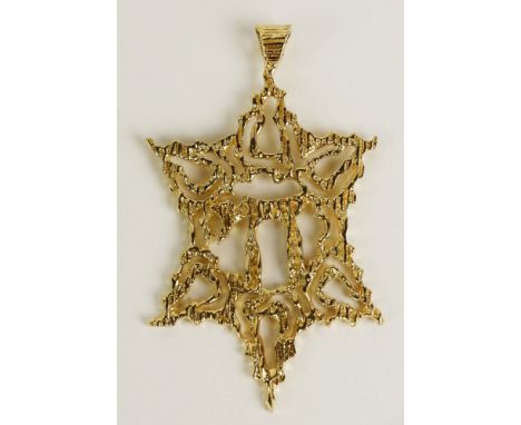 Vintage 14 Karat Yellow Gold Star of David Chai Pendant. Unsigned. Good Condition. Measures 2-1/4 Inches Tall and 1-1/2 Inche