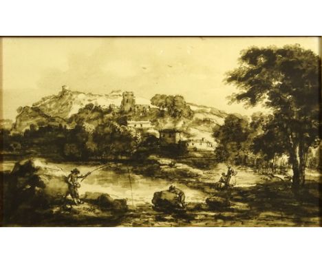 after: Francesco Zuccarelli, Italian (1702 - 1788) Vintage Watercolor "Italian Pastoral Landscape" Unsigned. Label En Verso I