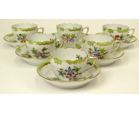 Six (6) Herend Hand Painted Queen Victoria Cups and Saucer Sets. Signed With Blue Herend Backstamp, 711/VBO. One Cup Restored