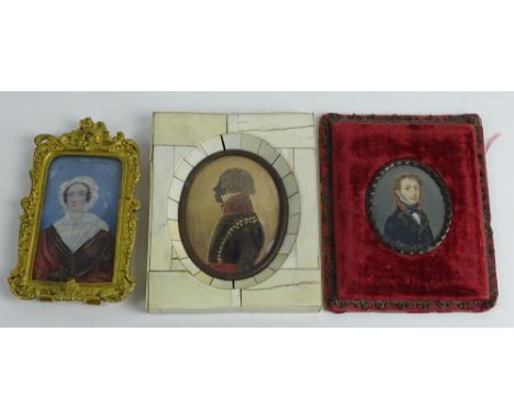 Three (3) Antique Portrait Miniatures, Two (2) Watercolor on Paper, One (1) Oil on Ivory, Lady with Bonnet. Unsigned. Moistur