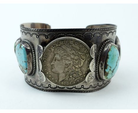 Vintage Old Pawn Possibly Navajo Sterling Silver and Turquoise Cuff Bracelet with 1921 Liberty Head Silver Dollar Coin. Unsig