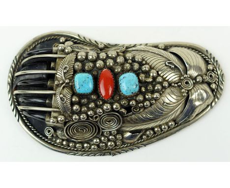 Vintage Probably Navajo Sterling Silver, Turquoise, Coral and Cougar Claw Belt Buckle Converted to Pendant. Signed with Sunbu