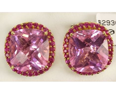 Pair of Lady's Pink Topaz, Ruby and 18 Karat White and Yellow Gold Earrings. Topaz Measure 14 x 12.5mm. Signed 750. Very Good