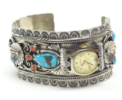 Vintage Old Pawn Possibly Navajo Sterling Silver, Turquoise and Coral Cuff Bracelet with Lady's Aqua Watch. Signed LJT and St