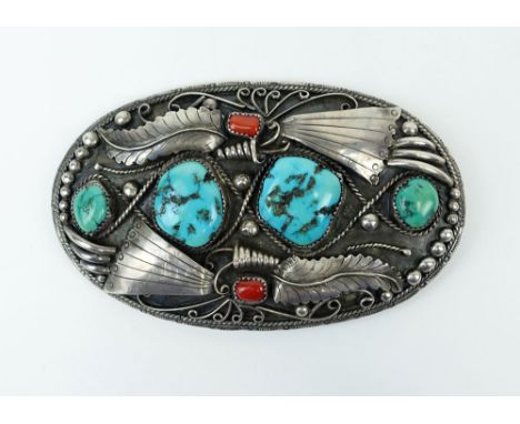 Vintage Navajo Sterling Silver, Turquoise and Coral  Belt Buckle. Signed O G. Good Condition. Measures 3-3/4 Inches Tall and 