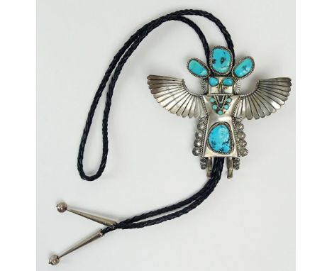Vintage Old Pawn Navajo Sterling Silver and Turquoise and Braided Leather Bolo Pendant. Signed Sterling and H L (Helen Long).