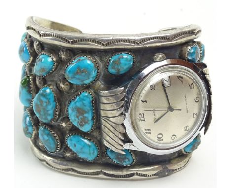Vintage Old Pawn Possibly Navajo Heavy Sterling Silver and Turquoise Cuff Bracelet with Man's Timex Watch. Unsigned. Good Con