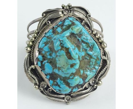 Vintage Old Pawn Navajo Melvin Thompson Sterling Silver and Turquoise Cuff Bracelet. Signed Sterling and MT. Good Condition. 